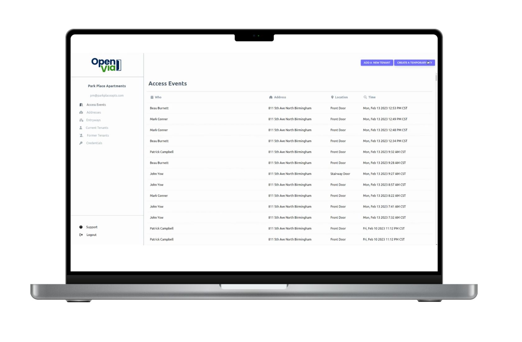 OpenVia has an easy to use dashboard for property managers